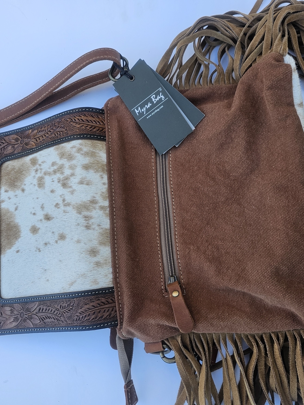 Myra Bag White & Brown Cowhide Fringe Crossbody with Tooled Leather Flap - Picture 3 of 5